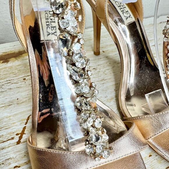 Badgley Mischka Gold Leather Rhinestone Embellished Strappy Pumps 6 - Picture 6 of 11